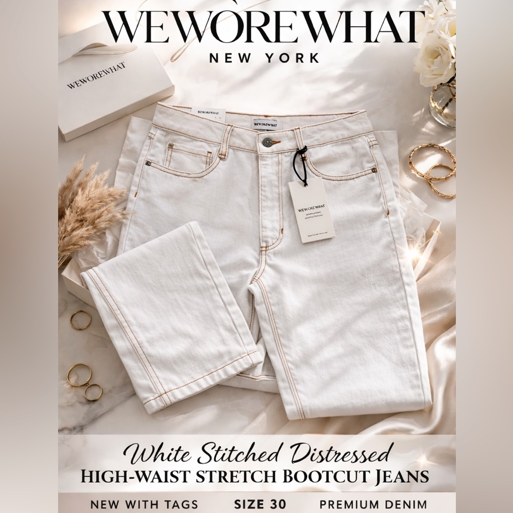 WeWoreWhat White Stitched Distressed HighWaist Stretch BootCut Jeans NWT-30
